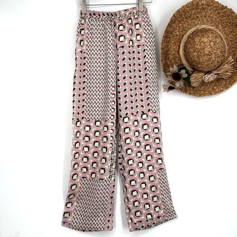 Zara Satin Geometric Print Wide Leg Pull-On Cropped Pants Pockets Pink Multi‎ M